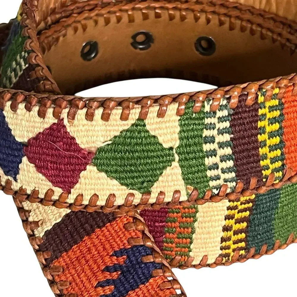Handmade Leather Mayan Woven Textile Belt Unisex 42 Artisan Whipstitch Boho